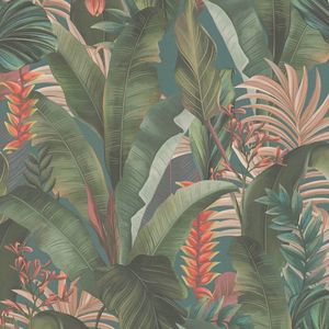 Bloemen behang Profhome 394352-GU vliesbehang hardvinyl warmdruk in reliëf licht gestructureerd in jungle stijl mat blauw petrol groen zalmrood 5,33 m2