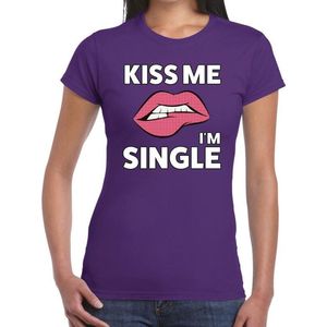 Toppers Kiss me i am single t-shirt paars dames - feest shirts dames S