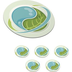 Onderzetters voor glazen - Rond - Een illustratie van Yin en Yang met een blad en water - 10x10 cm - Glasonderzetters - 6 stuks