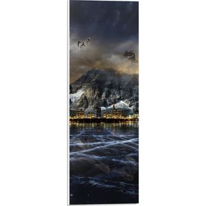WallClassics - PVC Schuimplaat- Donkere Berg met Vogels aan Meer - 20x60 cm Foto op PVC Schuimplaat