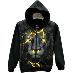 Kindervest met Capuchon – Leeuw Print – hoodie – Maat 110/116 - Lion - Zwart