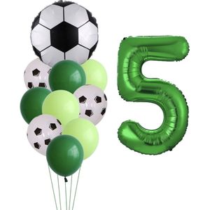 Ballonnen Voetbal - 5 Jaar - Themafeest Voetbal - Kinder Verjaardag Versiering Voetbal - Voetbalfans - Feestversiering / Feestpakket - 11 stuks - Ballonnen Set - Thema Verjaardag Voetbal - Groene ballonnen - Witte ballonnen - Helium ballon