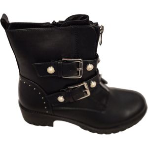 LUCKYSHOES- BIKERBOOTS-3 RIEMEN MET GESP-PEARL AND STUDS-MAT IMITATIONLEER-38