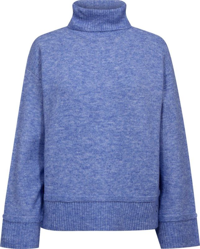 Freequent - Turtleneck Trui - Blauw - Dames - Fijngebreid - Knoopdetails