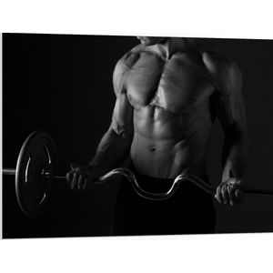 PVC Schuimplaat- Gespierde Man met Barbell (Zwart- wit) - 100x75 cm Foto op PVC Schuimplaat