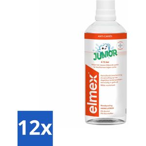 12 x Elmex Mondspoeling Junior (5-12 Jaar) 400 ml - Tandpasta Voor Kinderen - Tandspoeling Voor Jongeren - Cariës Bescherming - Fluoride Tandspoeling - Alcoholvrije Tandspoeling