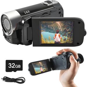 Roxa Retro Digitale Camera 1080P – 16MP Vintage Camcorder met Draaibaar Scherm, Selfie Mode, 16x Zoom & Vullicht – Inclusief 32GB SD-kaart – Zwart