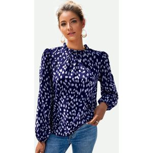 Top met dierenprint, hoge hals en ruches in marineblauw