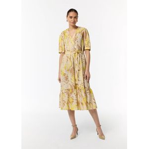COMMA - Jurk - Beige - Wikkel-look - Pofmouwen - Bloemenprint - 3/4 Lengte