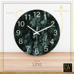 LW Collection wandklok glas marmer zwart wit 30cm - kleine klok - stille wandklok - keukenklok stil uurwerk