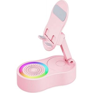 Draadloze inductie-audio-Bluetooth-luidspreker, 5-in-1 telefoonhouder, oplaadbaar voor noodgevallen met kleurrijk omgevingslicht - Bluetooth-vrije tabletstandaard met automatische verbinding, 360° geluid en RGB-verlichting (roze)