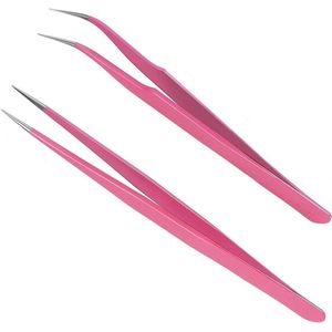 JGS Premium - Roestvrij Staal Roze Wimperverlenging Tang Set - Recht en Gebogen Tip Clip
