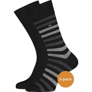 Tommy Hilfiger Duo Stripe Socks (2-pack) - herensokken katoen - gestreept en uni - zwart met grijs - Maat: 43-46