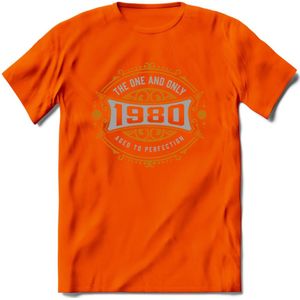 1980 The One And Only T-Shirt | Goud - Zilver | Grappig Verjaardag  En  Feest Cadeau | Dames - Heren | - Oranje - 3XL