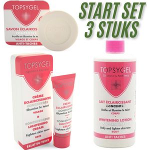 HT26 TOPSYGEL Verhelderende Verzorgingsset – Bodylotion, Gezichtscrème & Zeep – Anti-Pigment & Egaliserend – Voor Donkere & Getinte Huid – Met Glycerine & Aloë Vera – 3-delige Set