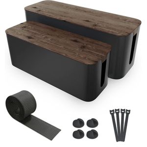 Kabeldozen Set van ABS Kunststof met Houten Deksel en Rubberen Voetjes - Large & Medium Kabeldoos Zwart - Inclusief Kabelhouder, Kabelbinder en Kabelbuis