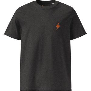 Lightning Symbool - Bitcoin T-shirt - Oranje Geborduurd - Unisex - 100% Biologisch Katoen - Kleur Grijs - Maat 2XL | Bitcoin cadeau| Crypto cadeau| Bitcoin T-shirt| Crypto T-shirt| Bitcoin Shirt| Bitcoin Merchandise|Crypto Merch| Bitcoin Kleding
