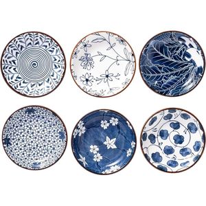 Japanse stijl keramische 10,2 cm bijgerechtensauskommen voor sushi, saus, snack, soja, 3 oz, blauw-witte knijpkommen, keukenvoorbereiding - set van 6 (10 cm)