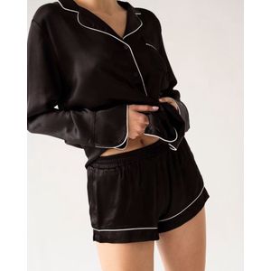 Dames pyjama Charlotte-satijn-lange mouwen & korte broek-contrasterende details-zwart-maat L