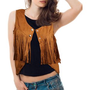 Allecto plus - Zacht Fringe Vest in Bruin Hippie Kostuum 70s Stijl voor Dames - Mouwloze Cropped Jas met Kwastjes (L)
