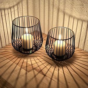 Set of 2 Metal Tea Light Glass Holders - Black with Gold Edge - Large & Small Candle Holder - Decorative Glass Home Decoration Modern