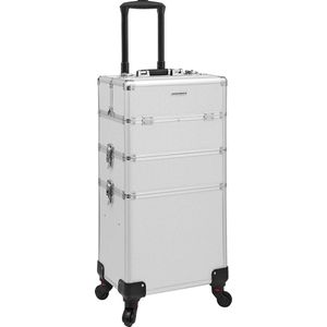 Beauty Case, Professional Make-Up Case, 3-in-1 reismake-up case, grote trolley voor kapper, afsluitbaar, met 360 ° roterende universele wielen, zilveren JHZ01s