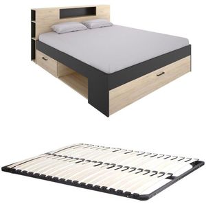 Vente-unique Bed met hoofdeinde met opbergruimte en lades - 180 x 200 cm - Kleur: naturel en antraciet + Bedbodem - LEANDRE L 228.5 cm x H 95 cm x D 189.5 cm