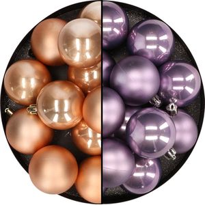 Kunststof kerstballen 6 cm - 24x stuks - lichtbruin en lila paars