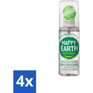Happy Earth – Deodorant Spray – 100% Natuurlijk Unscented – 100 ml - Voordeelverpakking - 4 stuks