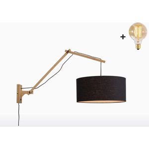 Wandlamp met Lange Arm - ANDES - Naturel Bamboe - Zwart Linnen - Met LED-lamp