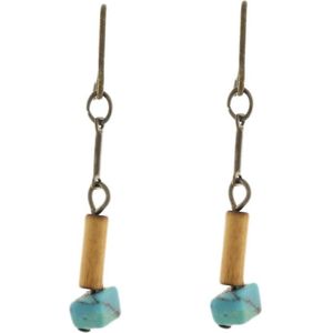 Behave Oorbellen oorhangers met houten kraaltje en blauwe natuursteen 3 cm