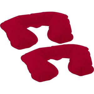 Opblaasbaar reiskussen/nekkussen - 2x - in een etui - rood - 33 x 21 cm - velours kunststof