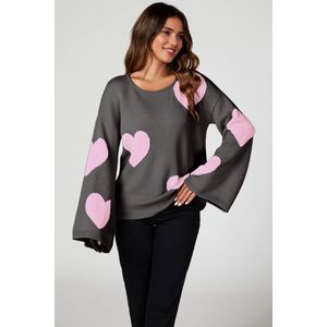 Oversized trui met wijde mouwen en hartjesmotief in donkergrijs
