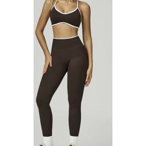 Frame Contrast Gym Set - Maat L - Bruin - 2-delig: Bra top + High waisted legging - Brown - Coffee - Seamless Sportset Dames