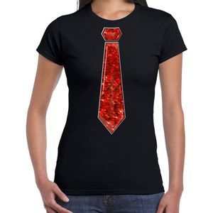 Bellatio Decorations Verkleed shirt dames - stropdas paillet rood - zwart - carnaval - foute party L