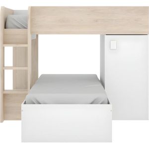 Vente-unique Omkeerbare hoekstapelbed RICARDO - 2 x 90x190cm - opbergruimte - Eiken en Wit L 255 cm x H 150 cm x D 111 cm