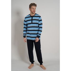 TOM TAILOR heren pyjama O-hals met knoopjes - middenblauw gestreept - Maat: L