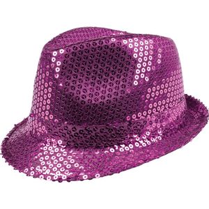 Toppers - Funny Fashion Carnaval verkleed Trilby hoedje met glitter pailletten - paars - heren/dames