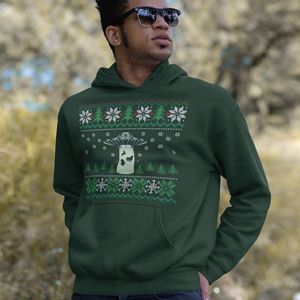 Foute Kerst Hoodie - Kleur Groen - UFO Snowy Trees - Maat XL - Uniseks Pasvorm - Kerstkleding voor Dames & Heren