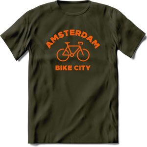 Amsterdam Bike City T-Shirt | Souvenirs Holland Kleding | Dames / Heren / Unisex Koningsdag shirt | Grappig Nederland Fiets Land Cadeau | - Leger Groen - XL