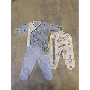 2-delige baby broek set met overslag shirt, handgemaakte Speenkoord en bijtring - Pinguïn