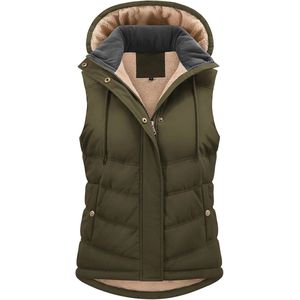 Dames vest met afneembare capuchon | Gequilte fleece zomer/winter jas | Mouwloos en warm | Thermo staande kraag | Vest met rits
