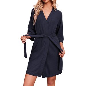 Badjas voor dames, wafelgebreide ochtendjas, casual, robe, bruiloft, zacht, licht, knielang, loungewear, M