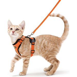Kattentuig met riem Escape-proof kattenriem Kitten Puppy-tuigje Verstelbaar kattentuig Zacht borsttuig voor katten Kleine honden Konijnen Reflecterende strepen Oranje XS