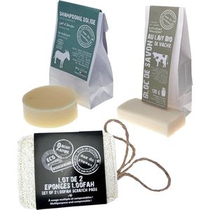 Natuurlijke huidverzorging geschenkset - Loofah spons (set van 2) + blok zeep met biologische koemelk 130gr + shampoobar met ezelsmelk 60gr voor normaal haar - Giftset