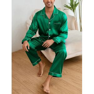pyjamaset heren groen satijn nachtmode goedkoop sexy lange broek lange mouwen zakje reverskraag