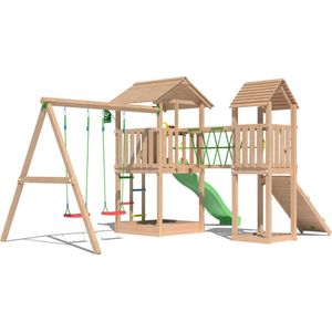 Jungle Gym Speeltoestel van Douglas Hout - Jungle Nova met Groene Glijbaan - Tuin Speeltoestel voor buiten met Zandbak, Dubbele Schommel en Klimwand