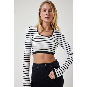 Happinessistanbul Zwart Gestreepte Geribbelde Crop-Breiselblouse Voor Dames Pf00067