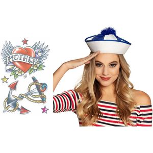 Carnaval verkleed Matrozen hoedje - wit - met zeeman plak tatoeages - volwassenen - accessoires set