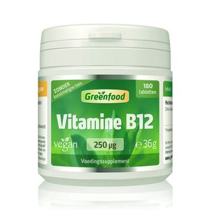 Greenfood Vitamine B12, 250 µg, 180 tabletten, veganistisch - draagt bij tot de vermindering van vermoeidheid en moeheid. Zonder GGO.